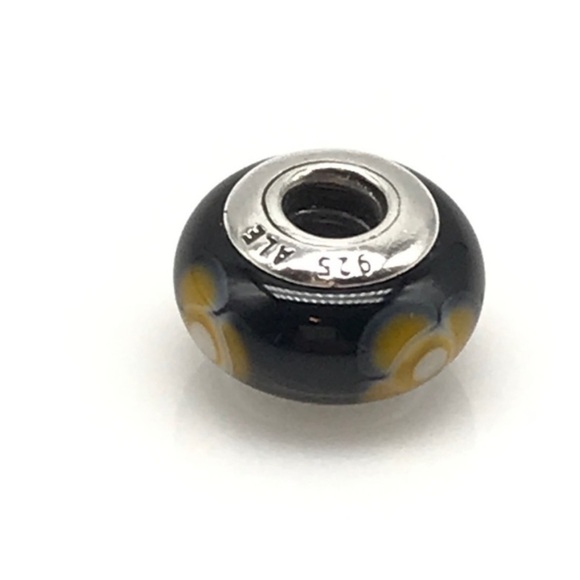 Pandora Retired Black Yellow Flowers For You Floral Murano Glass Bead Charm - Picture 5 of 5